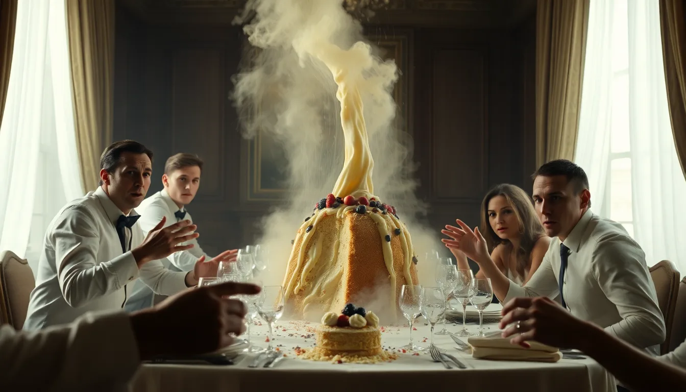 Dessert en miettes sur le sol, personnes choquées