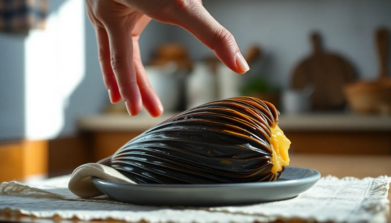 Un moule à cake ancien et patiné, posé sur une table de cuisine.