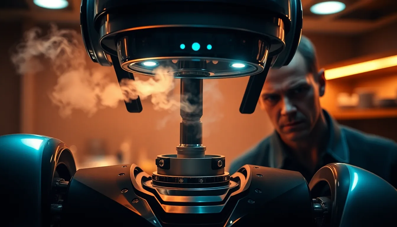 Image d'un robot de cuisine avec une étiquette d'alerte rouge.