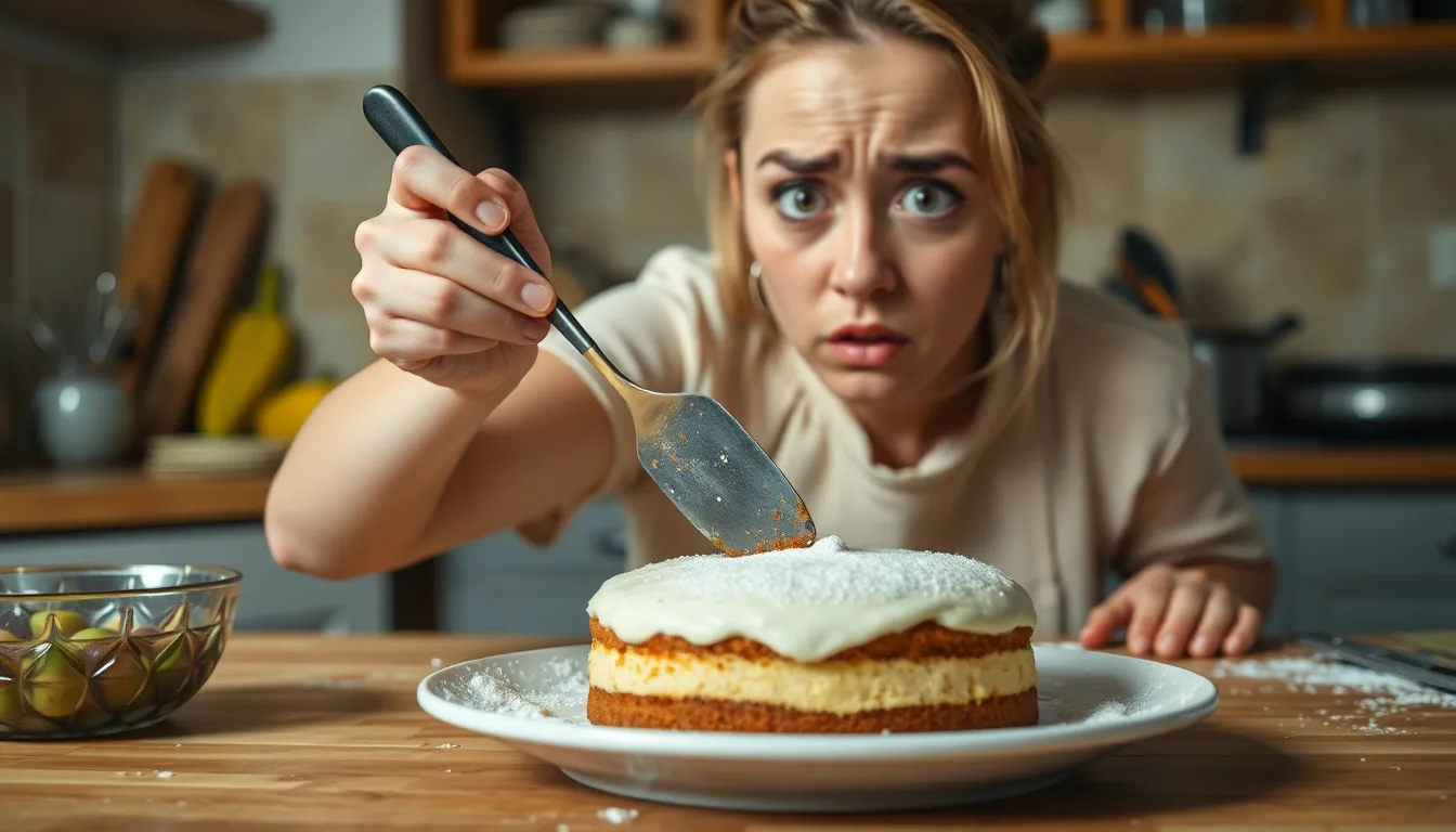 Une pâtisserie ratée à côté d'une bulle de dialogue contenant des phrases négatives.