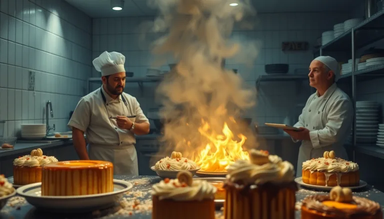 Une porte de réfrigérateur ouverte sur des desserts fondus ou abîmés, avec une main désespérée.