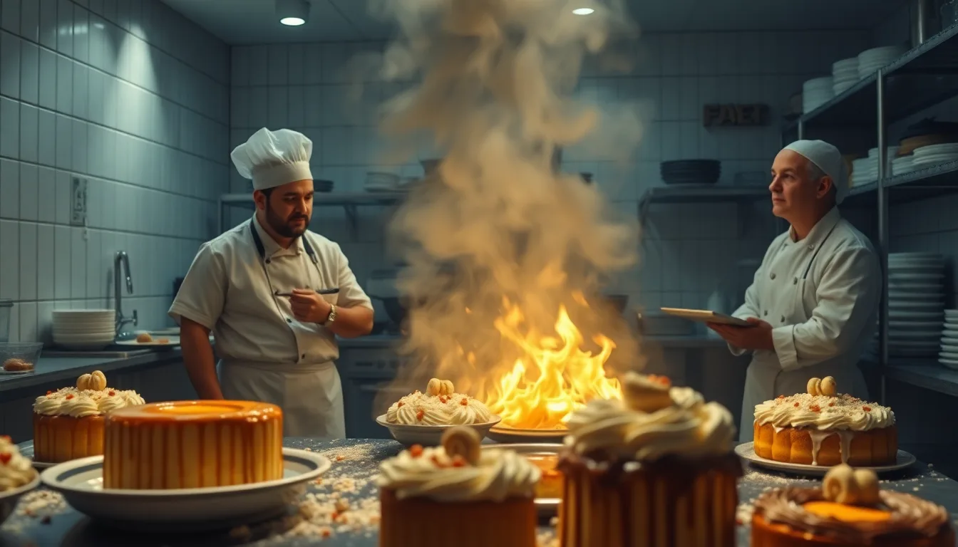 Une porte de réfrigérateur ouverte sur des desserts fondus ou abîmés, avec une main désespérée.