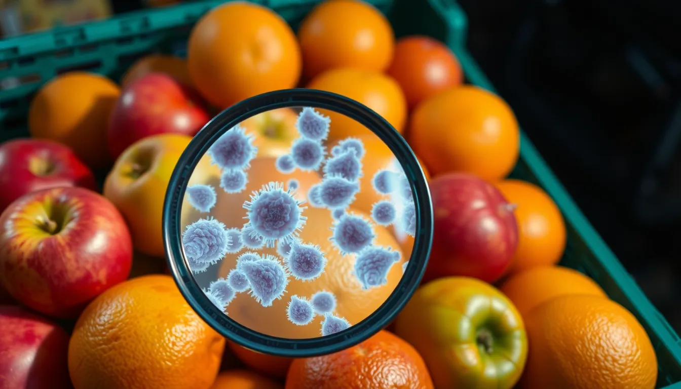 Gros plan sur des fruits frais, avec une loupe suggérant la présence de microbes invisibles.