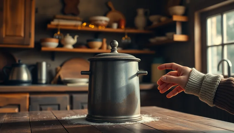 Vieux moule à cake en cuivre patiné, posé sur une table en bois rustique.