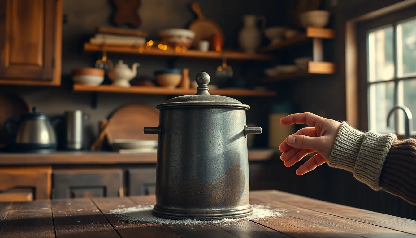 Vieux moule à cake en cuivre patiné, posé sur une table en bois rustique.