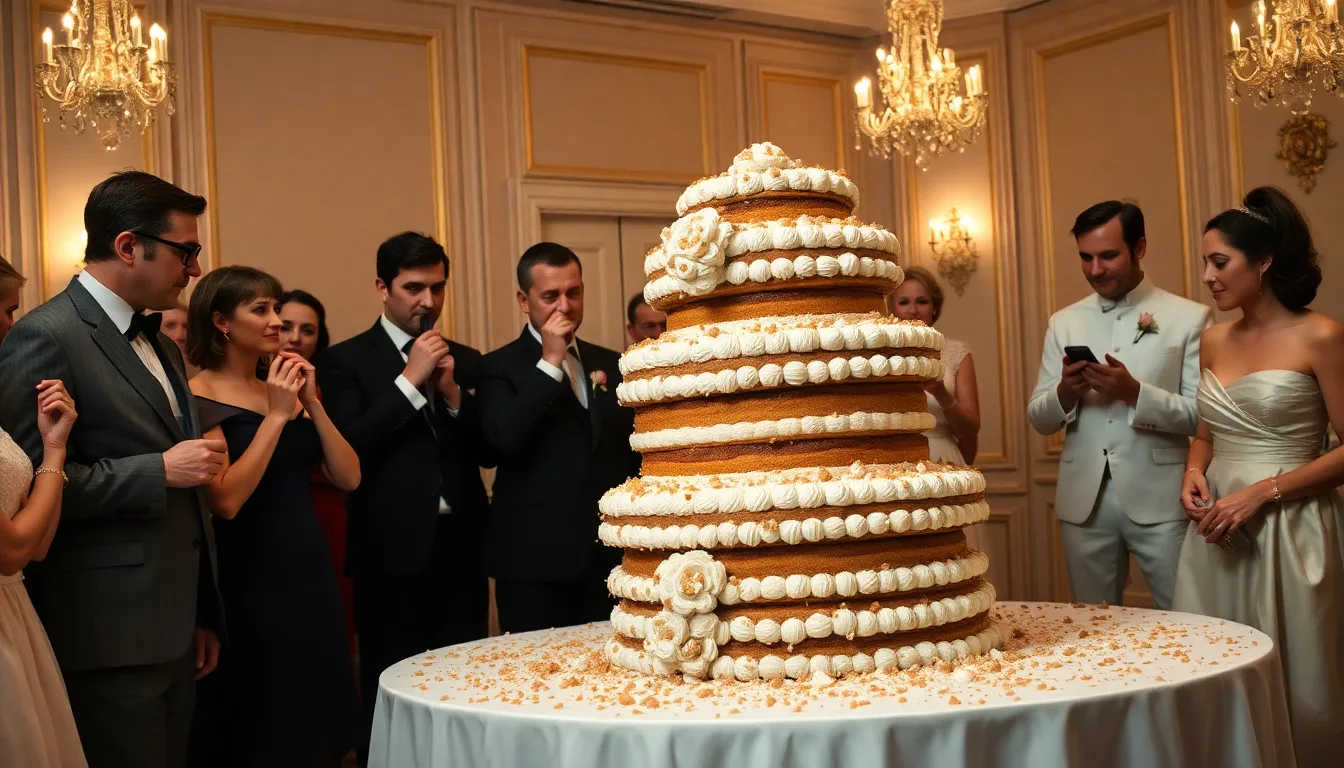 Un gâteau qui s'effondre lamentablement sur une table de fête, sous le regard choqué des invités.