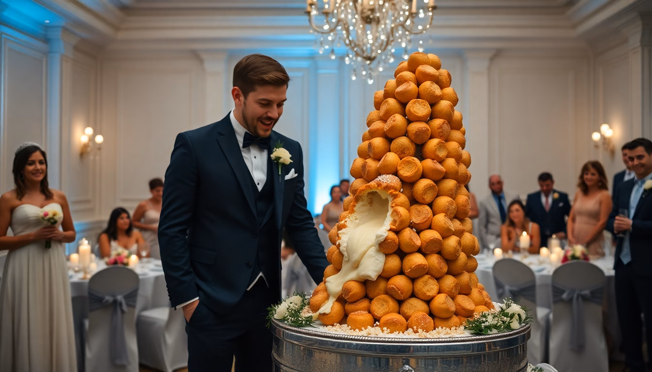 Un croquembouche légèrement déformé mais toujours appétissant.