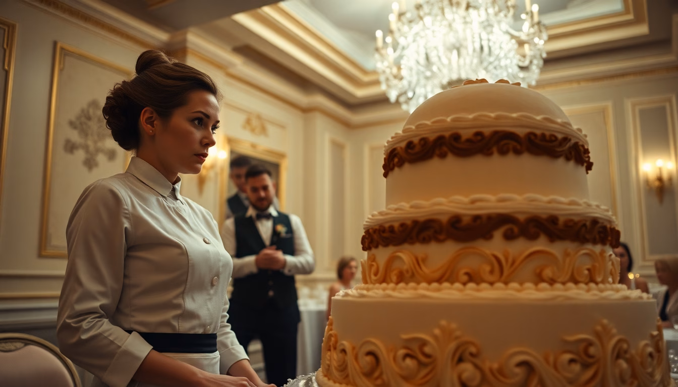 Un gâteau de mariage en péril à cause d'un problème de réfrigération, symbolisant une situation critique.