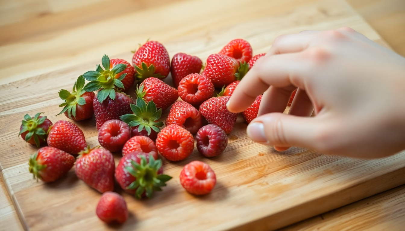 Un scientifique examinant des fruits sous microscope, avec un avertissement.