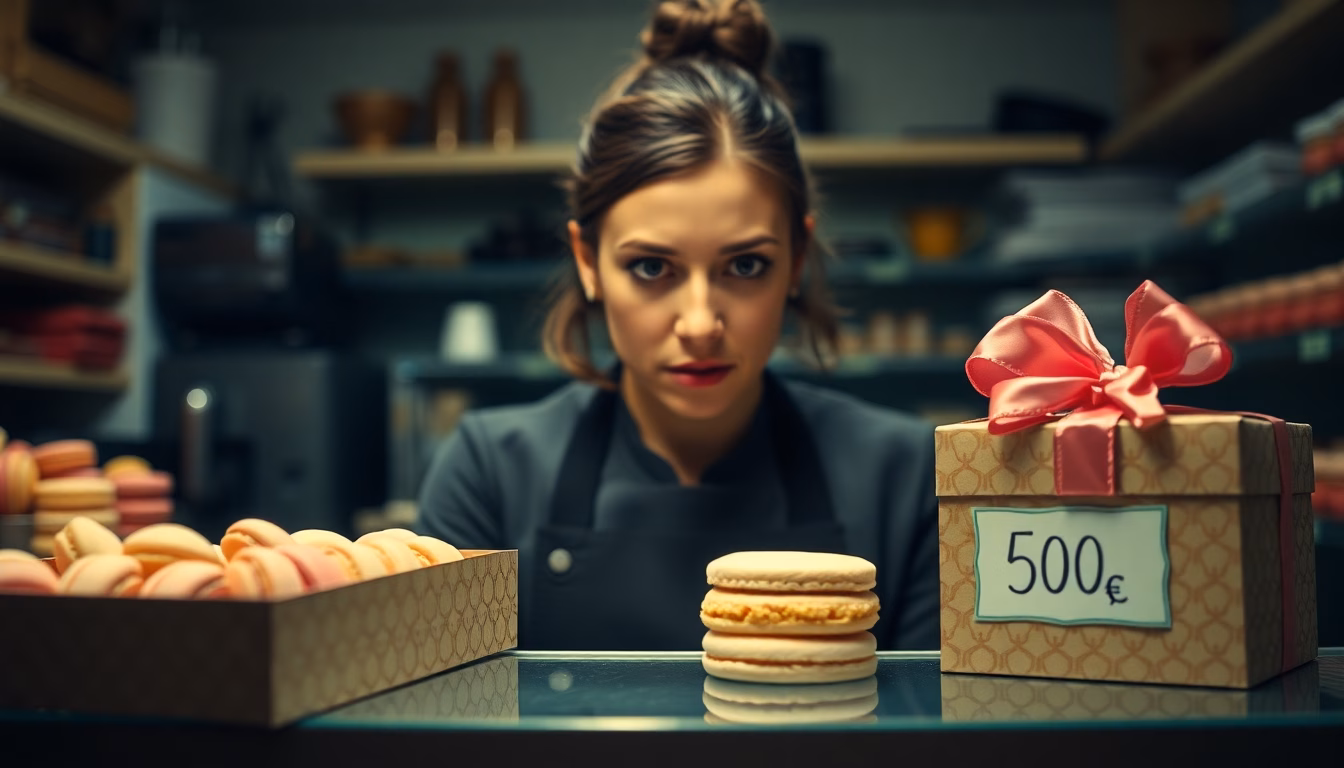 Une pile de boîtes de pâtisserie avec un panneau 'Amende 5000 €'.
