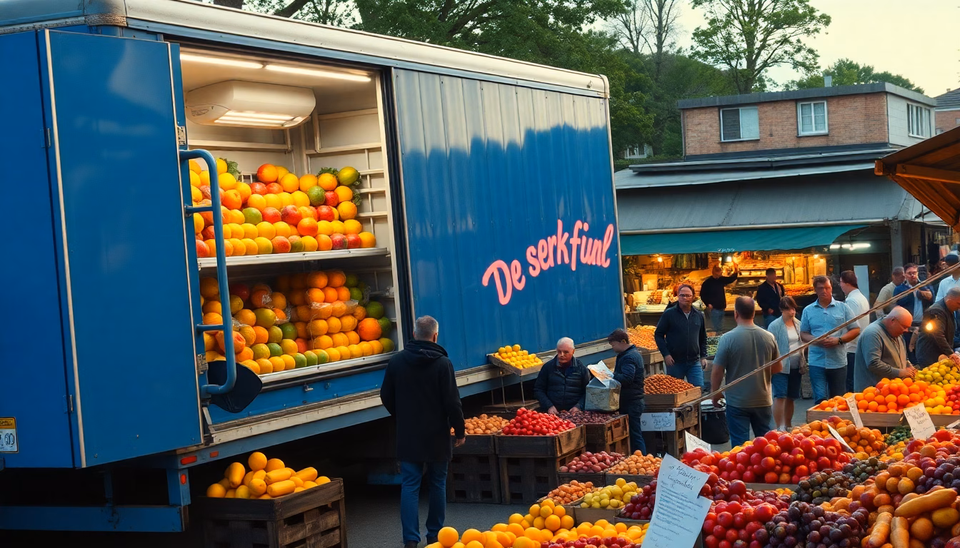 Un camion frigorifique en panne sur le bord de la route, entouré de caisses de fruits.