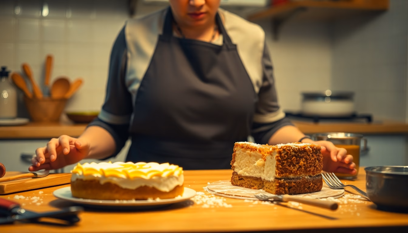 Une personne murmurant des mots négatifs à un dessert, symbolisant l'impact des phrases destructrices sur la cuisine.
