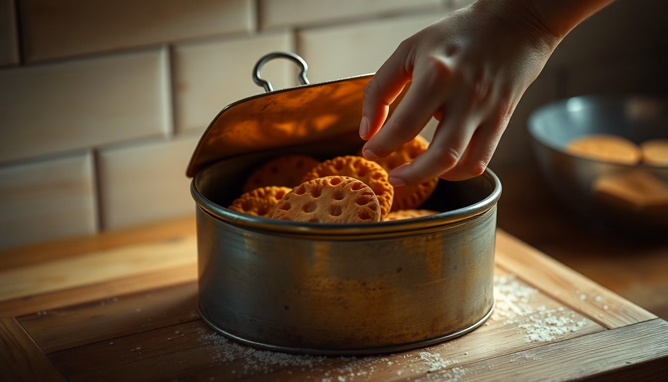 Une vieille boîte à biscuits décorée, ouverte sur un ingrédient ou un ustensile de cuisine caché à l'intérieur.