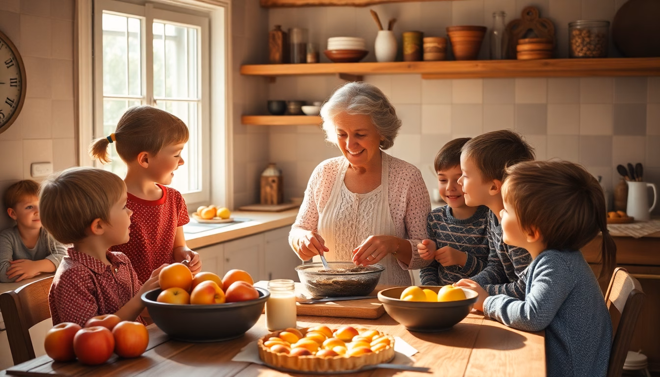 Une famille souriante devant une tarte aux pommes maison