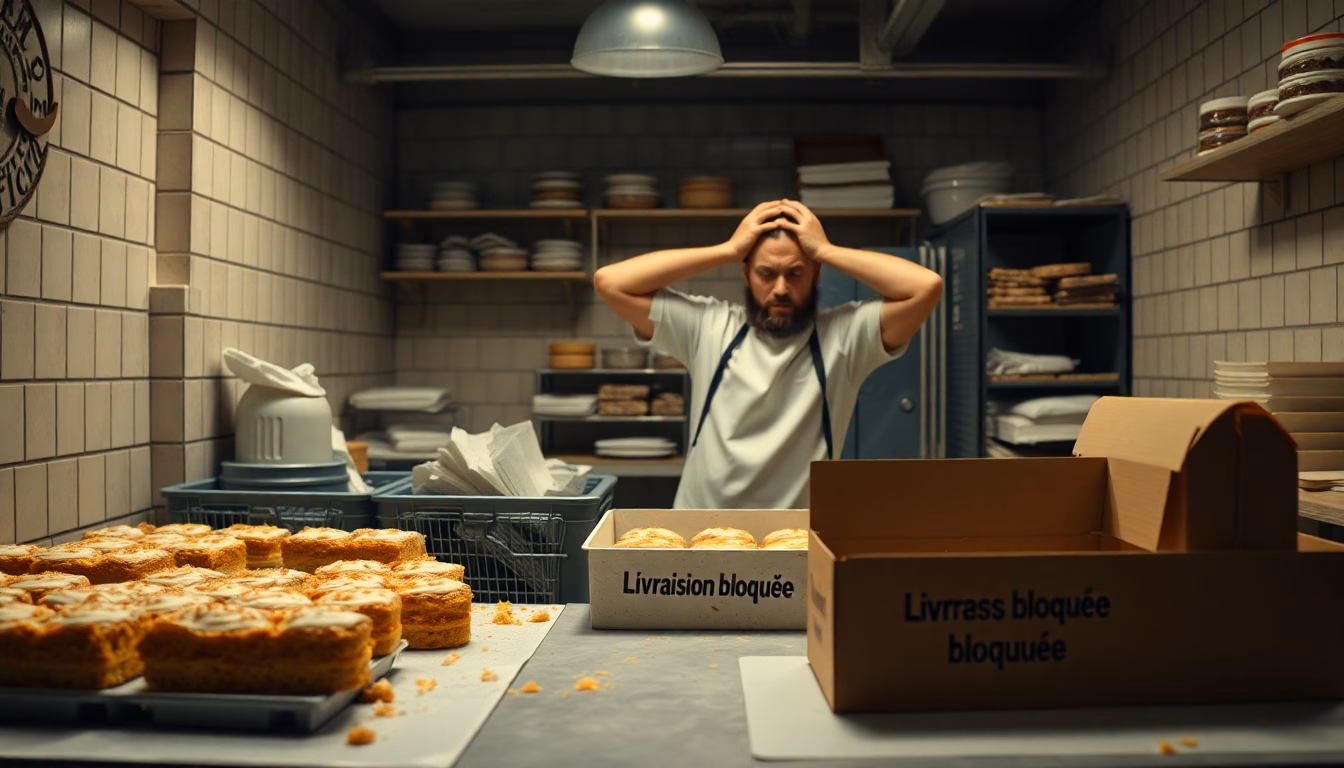 Une pile de moules à pâtisserie bloqués dans un entrepôt, avec un signe 'en attente'.
