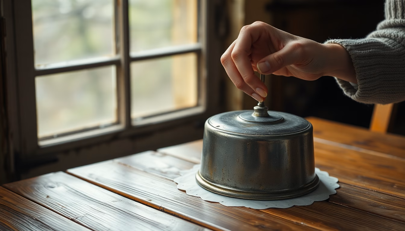 Un vieux moule à cake en métal vintage, posé sur une table en bois vieillie, avec un rayon de soleil l'éclairant.