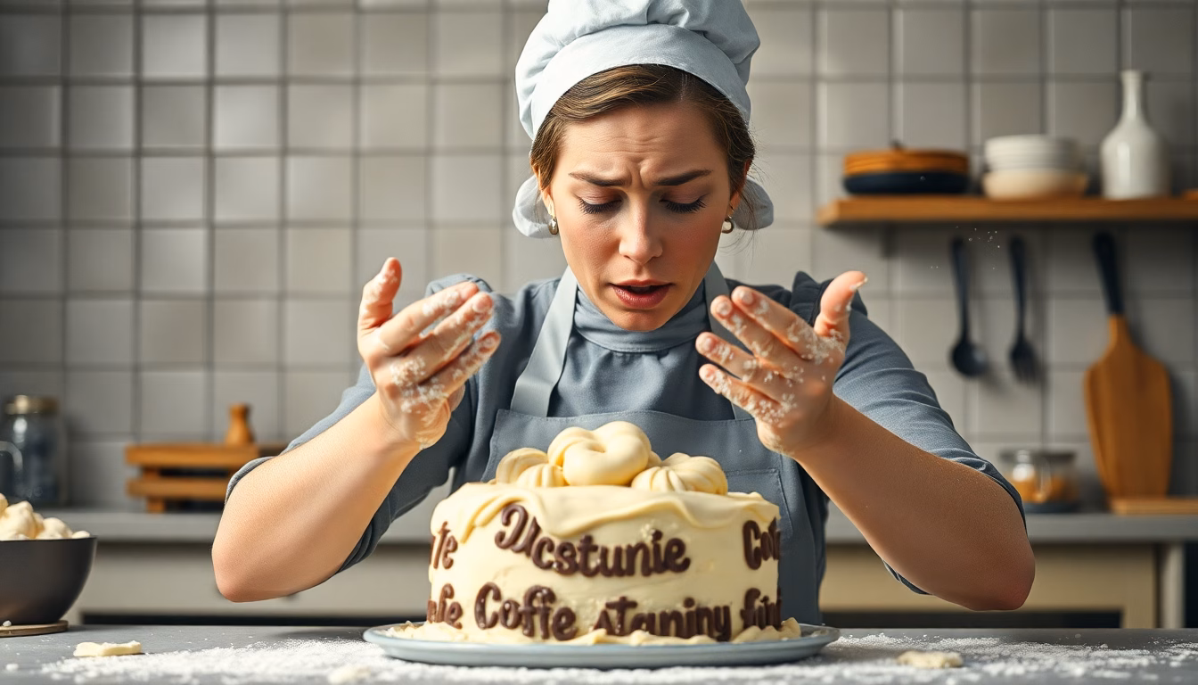 Une personne murmurant à une pâtisserie ratée avec une expression de regret