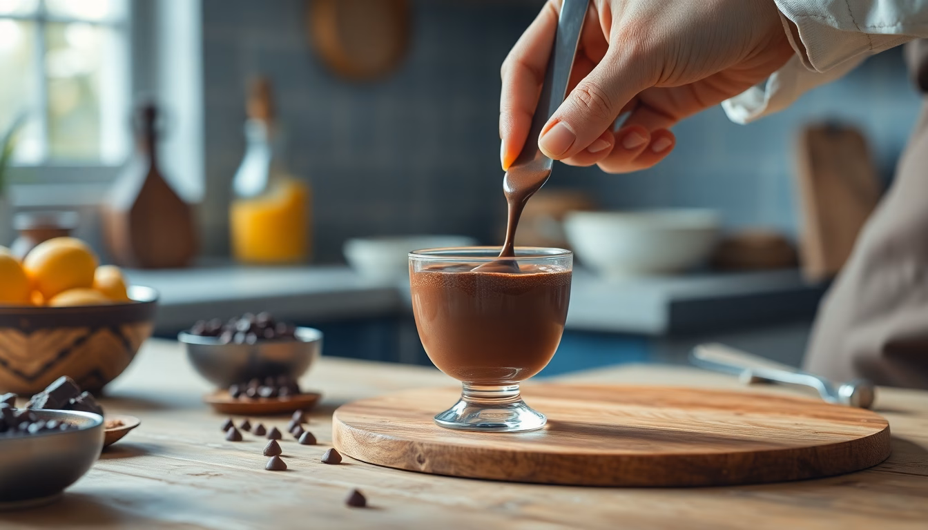 Une coupe de crème au chocolat onctueuse et brillante, garnie de copeaux de chocolat.