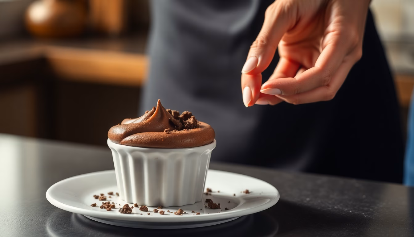 Une coupe de mousse au chocolat, aérienne et brillante, avec des copeaux de chocolat.