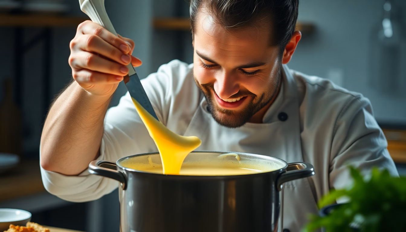 Une crème anglaise lisse dans un bol, avec une cuillère.