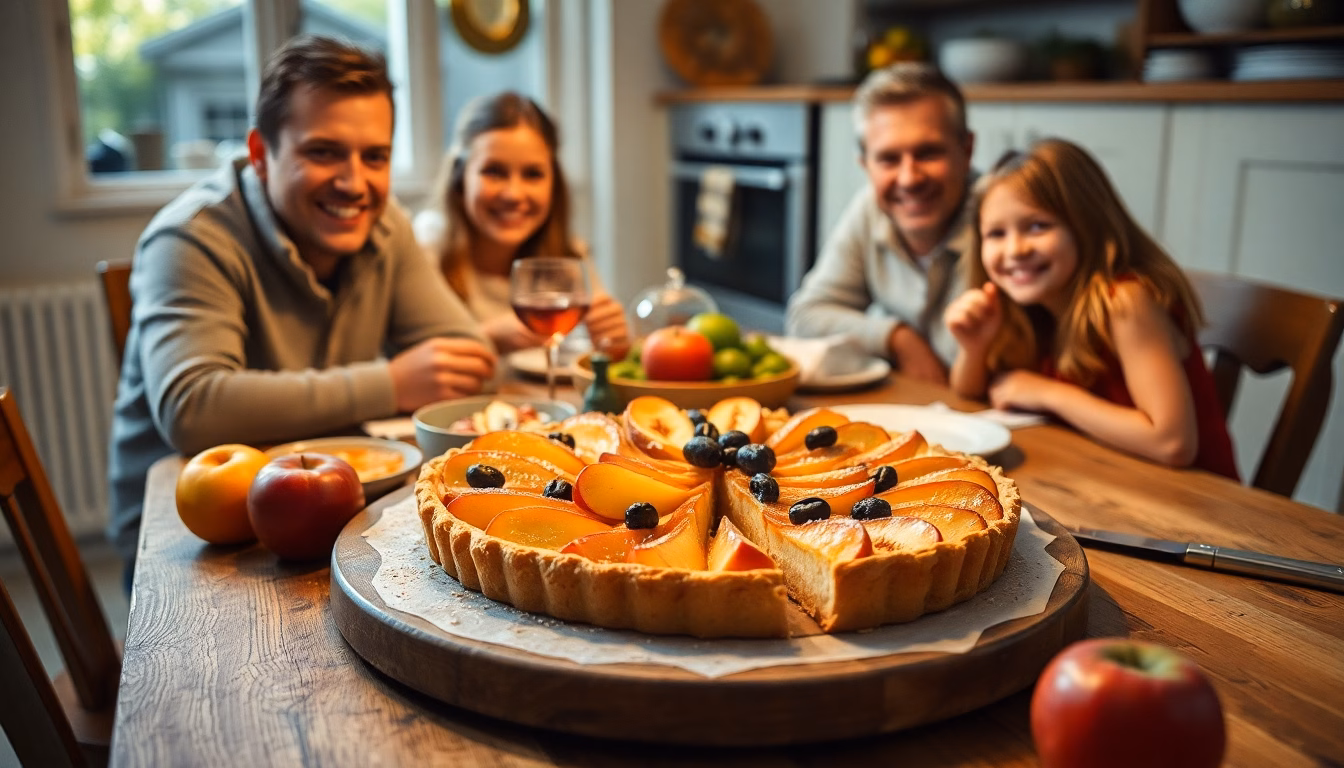 Une famille souriante dégustant une tarte aux fruits colorée