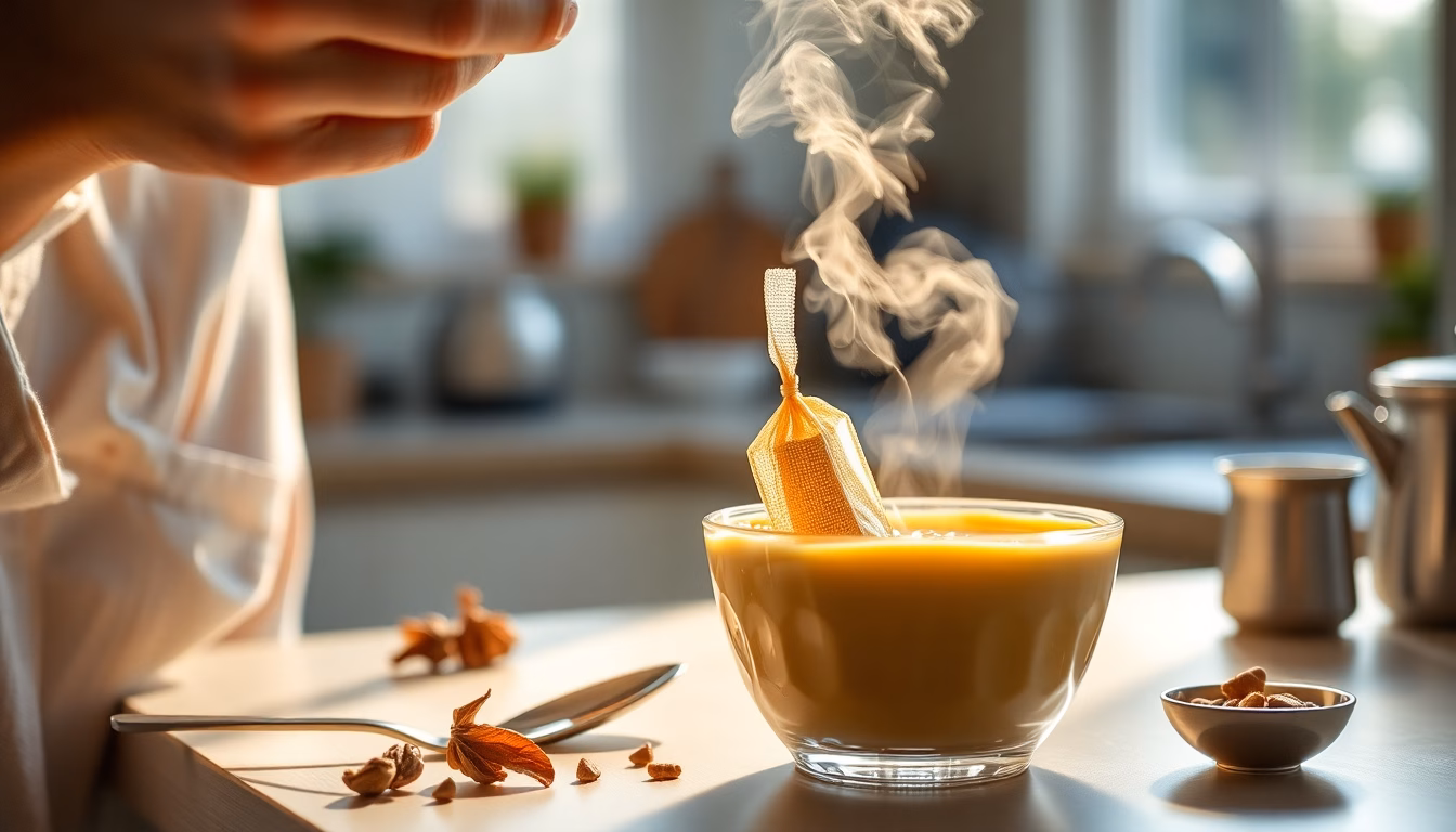 Sachet de thé infusant dans une crème dessert onctueuse