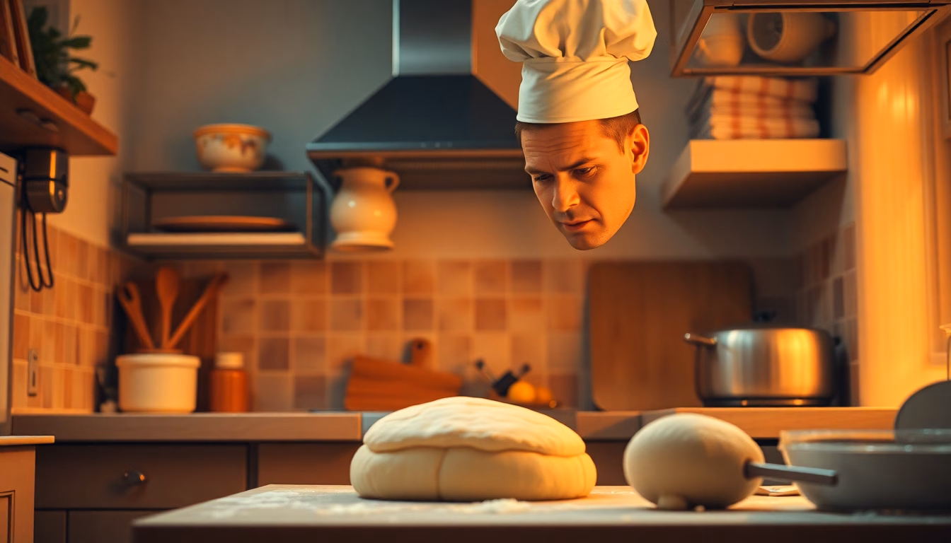 Une main posant délicatement une pâte à brioche dans un bol, la chaleur estivale visible à travers une fenêtre