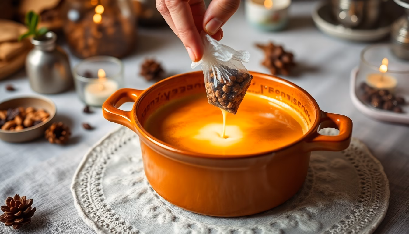 Crème dessert onctueuse servie dans un ramequin, avec un sachet de thé à côté