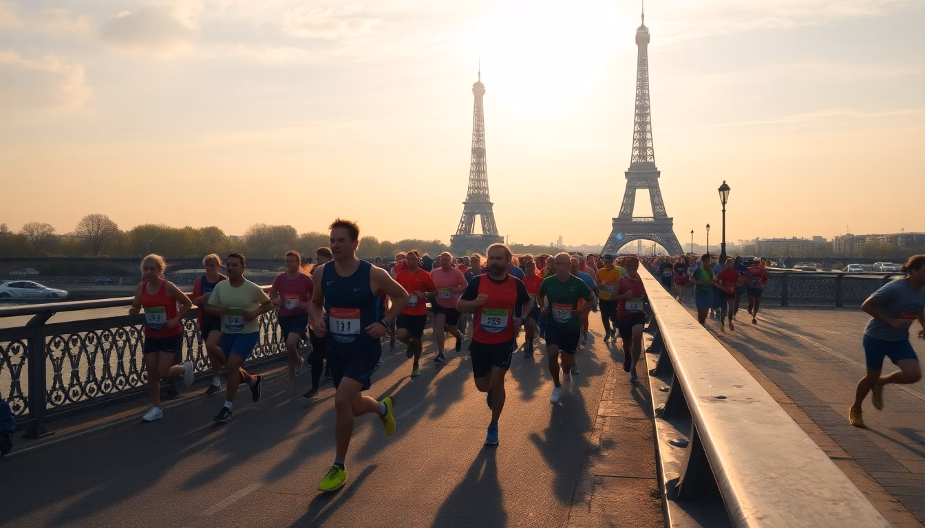 coureurs franchissant la ligne d'arrivée des 20km de Paris
