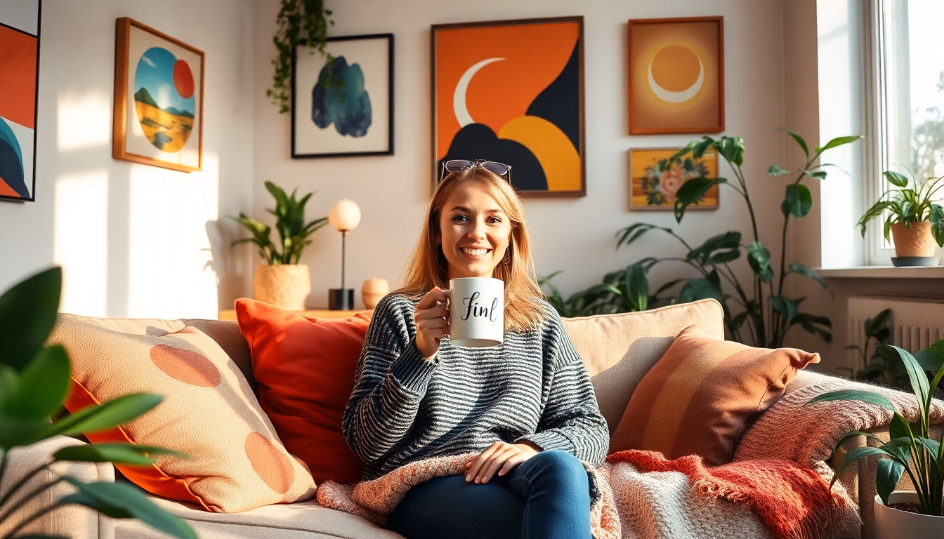 salon moderne et cosy avec objets personnalisés