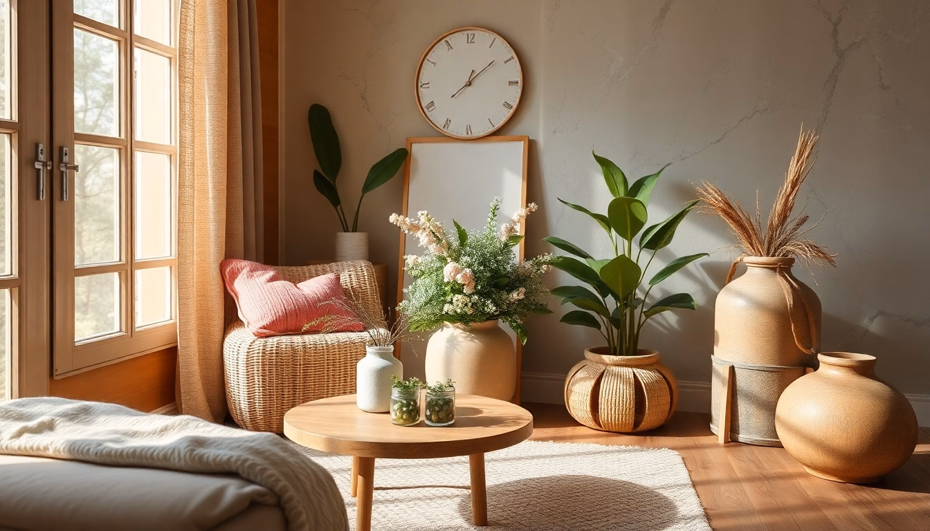 table basse en bois flotté avec plantes vertes et lumière douce